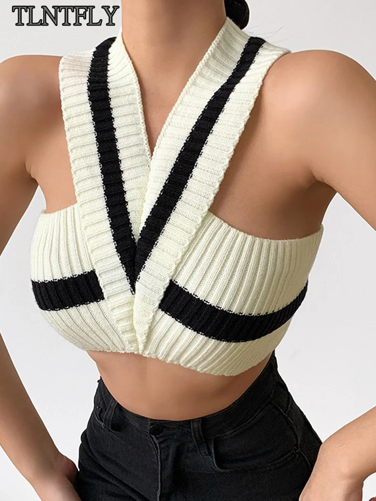 

TLNTFLY 2022 летний женский сексуальный жилет Модный V-образный вырез перекрестный Холтер шерстяной Полосатый Топ простой тонкий вязаный пулове...