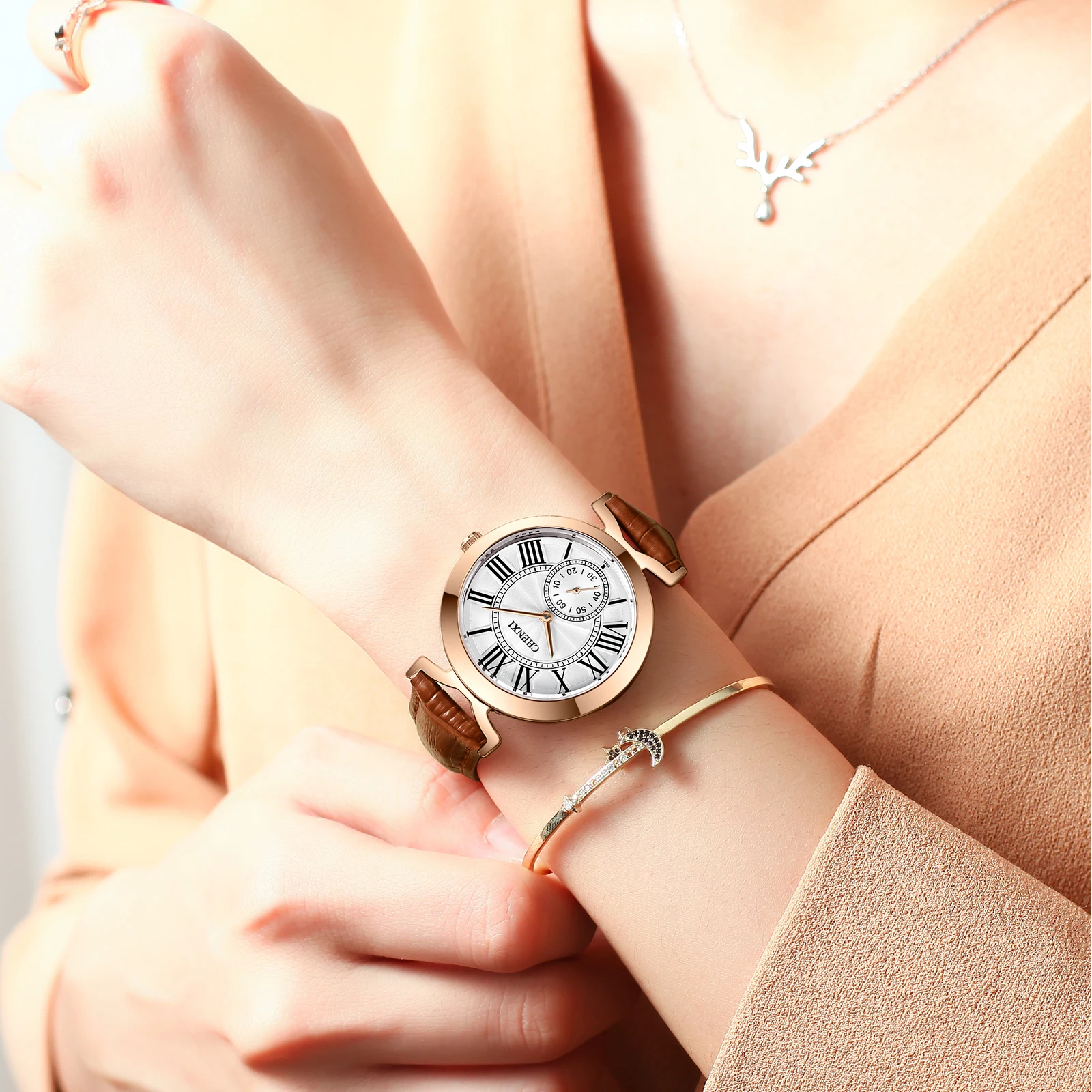 CHENXI Top Brand Fashion Casual Leather Women Business Luxury Clock Chronograph Waterproof Alloy Quartz Watch Relogio Feminino