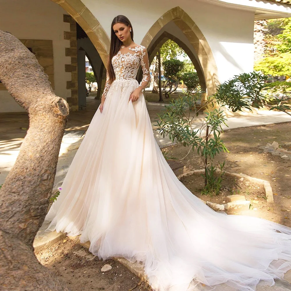 

2023 Aviana Lace Appliques O-Neck Wedding Dress For Women A-Line Button Back Tulle Court Train Bridal Gowns Vestido De Novia