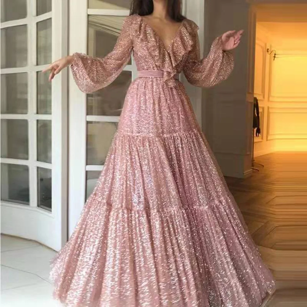 

Women Fashion Pleated Long Dress Elegant Gorgeous Shiny V-Neck Ruffle Evening Female Spring Loose A-Line Maxi Vestidos Robes