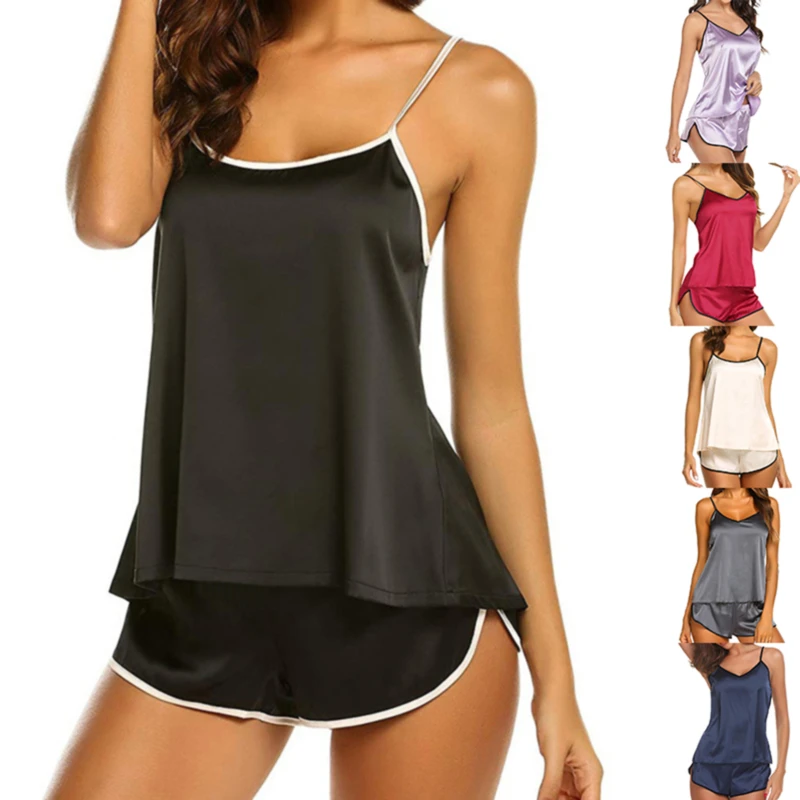 

Soft Lady Pajamas Set Hot Sexy Solid Color O Neck Spaghetti Belt Two Piece Adjustable Soft Women Set