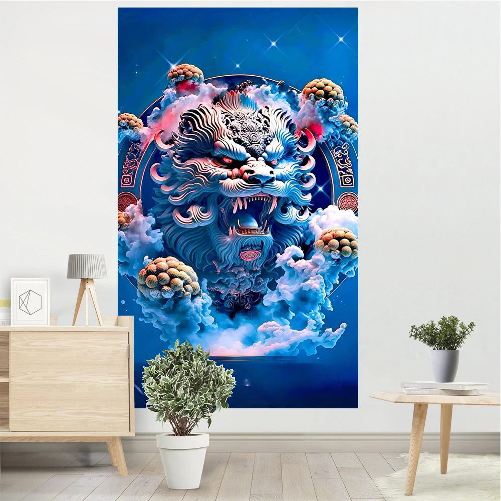 Cool Dragon Lion Tapestry Wall Hanging Carpet Family Print Background Cloth Bedroom Decoration Sacred