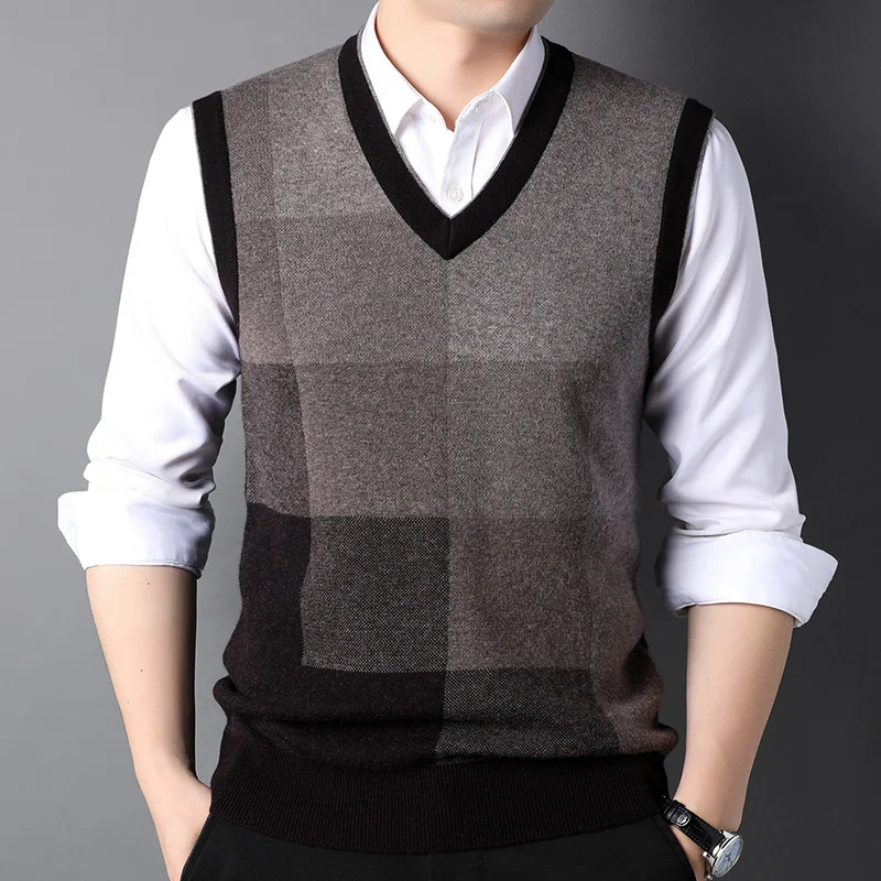 

Роскошный мужской жилет из 100% чистой шерсти, мужской осенне-зимний клетчатый жилет с V-образным вырезом 2023, корейский утепленный модный мужской свитер, жилет