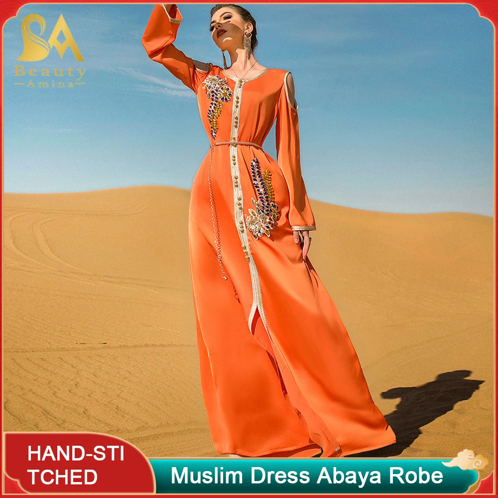 Muslim Long Dress Orange Hand-stitched Diamond Dress Belt Socialite Party Dress Islamic Festival Dress Travel Ethnic Style Robe