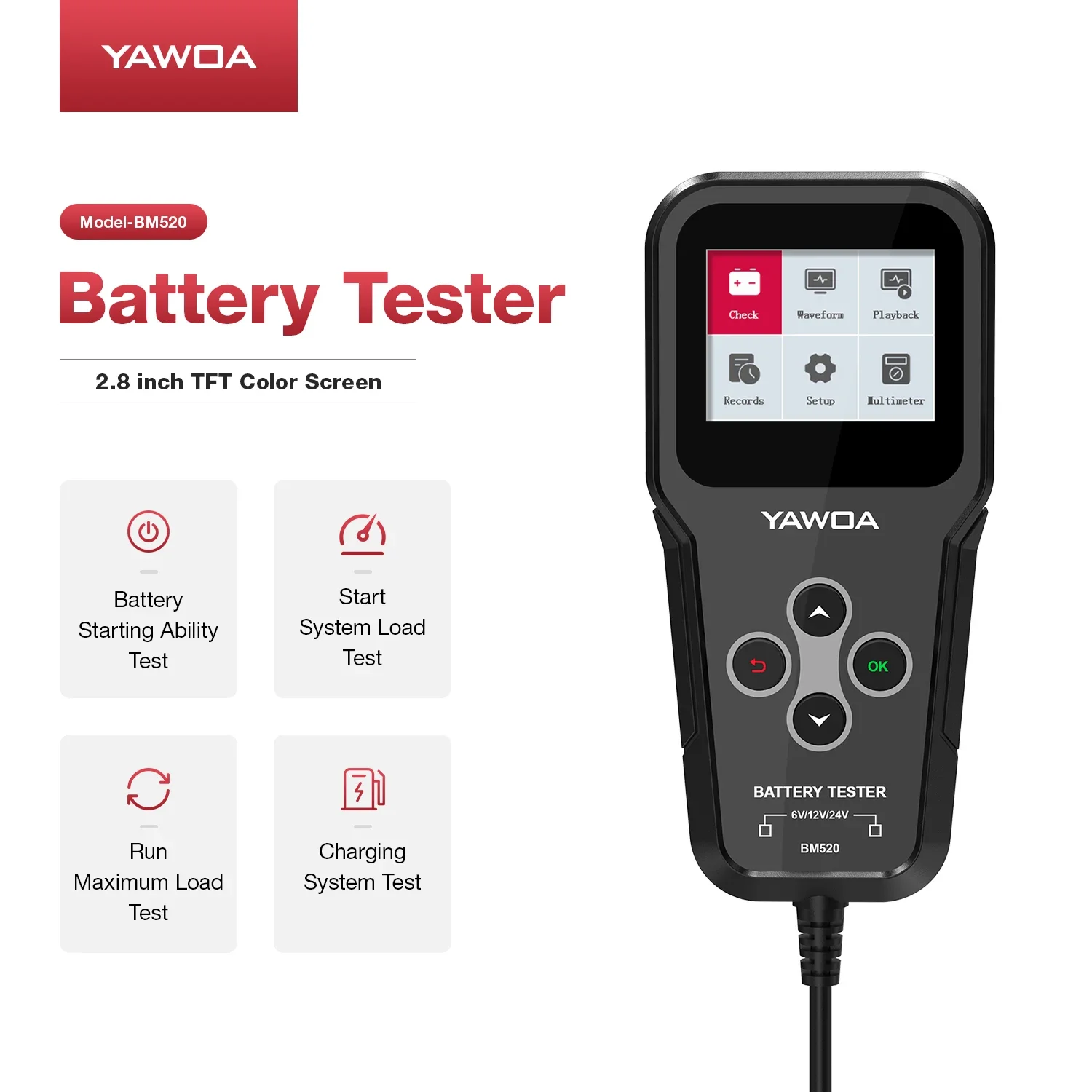BM520 6V 12V 24V Car Battery Tester Truck System Test Tool 12 Volts Analyzer Cranking PK KW600