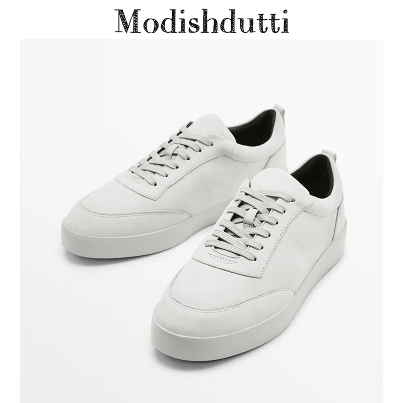 

Modishdutti 2023 Spring Summer Men Fashion Genuine Leather Lacing Thick Sole Sneaker Male Solid Color Casual Round Head Shoes