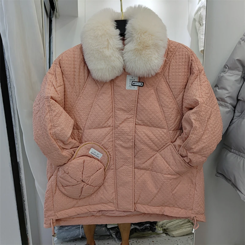 Short Down Parkas Female 2022 Natural Fox Fur Collar Loose Oversize 90% White Duck Down Jacket Women Winter Outwear Coat