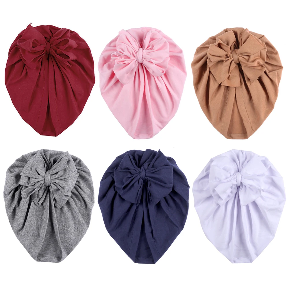 

6Pcs/Lot Newborn Baby Turban Hat with Large Bow Infant Hospital Hat Baby Warm Beanie Bows Kids Headwear Cotton Headwrap