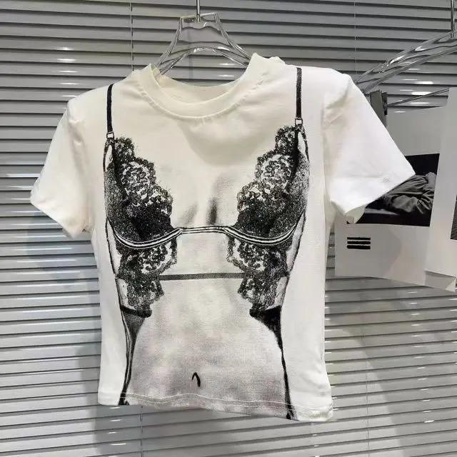 Новинка 2024 женские футболки Забавный принт бикини Наплечные подушечки футболка