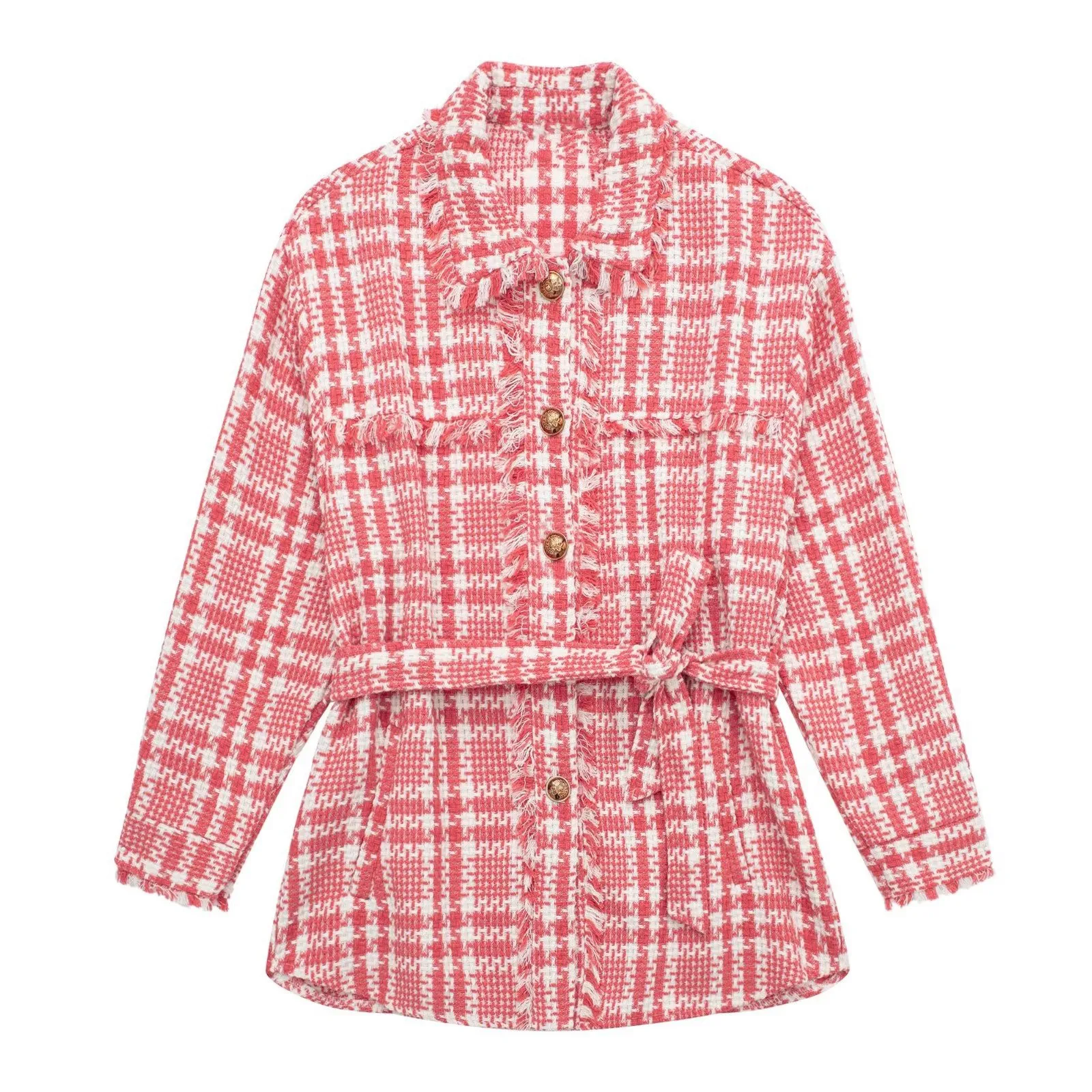 

Женская клетчатая куртка Clothland, элегантная красная твидовая куртка в клетку с длинным рукавом, поясом и кисточками, женская модель CA481