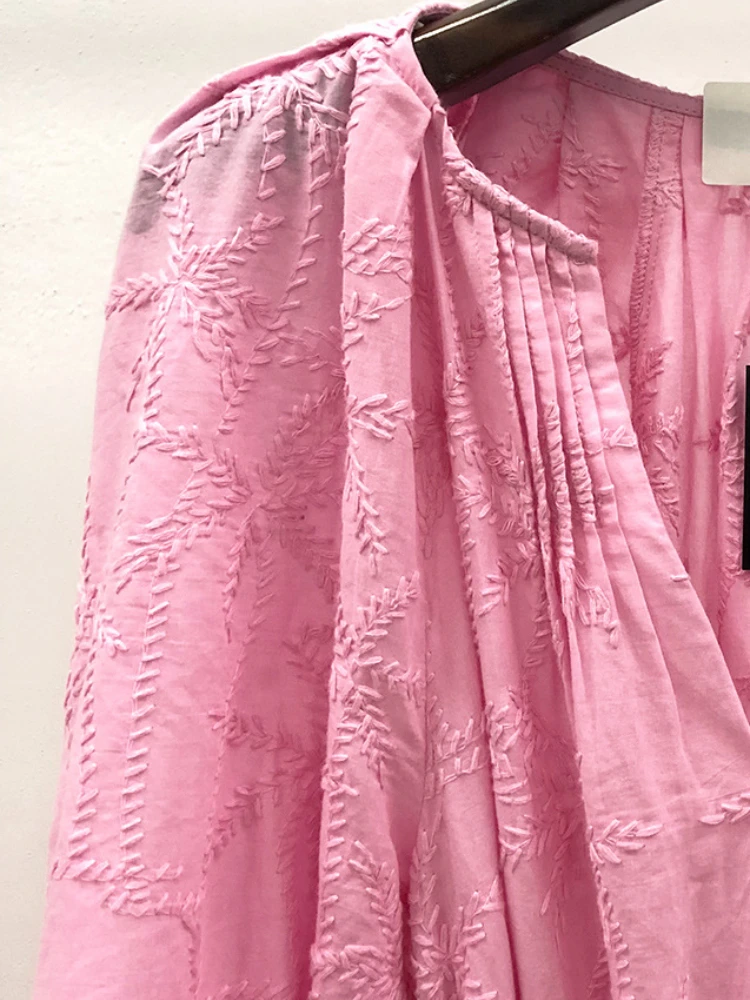 Women Dress 2023 Summer New Vintage Temperament Pink Waist Ruffle Ladies Three-dimensional Embroidered Elegant Dresses Vestidos