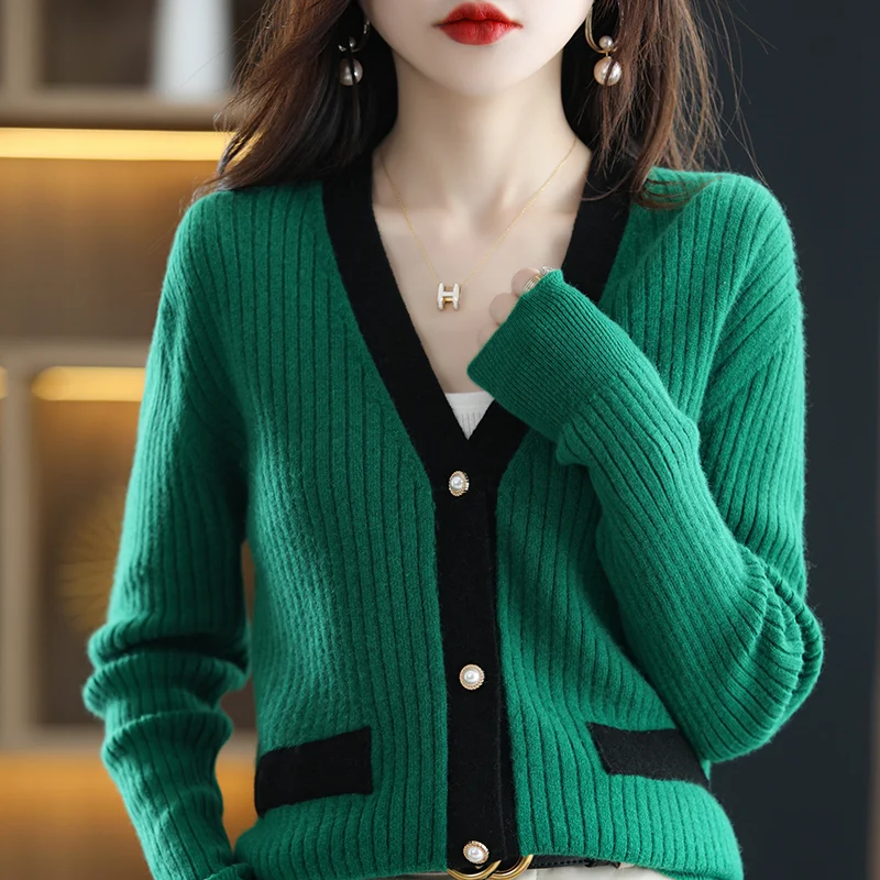 

100% Pure Wool Women's Loose Sweater Knitted Jacket Autumn/Winter V-Neck Patchwork Cashmere Cardigan Female Casual Basic Shirt