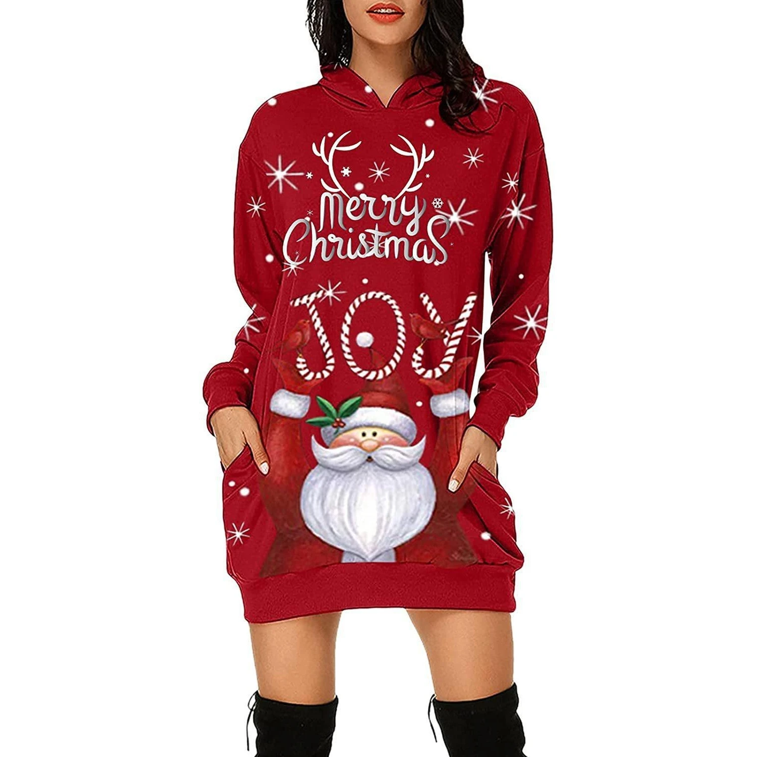 

Women Celebrate Christmas Long Sleeve Cartoon Santa Claus Print Dress Autumn Winter Large Size Hooded Bottoming Mini Dresses