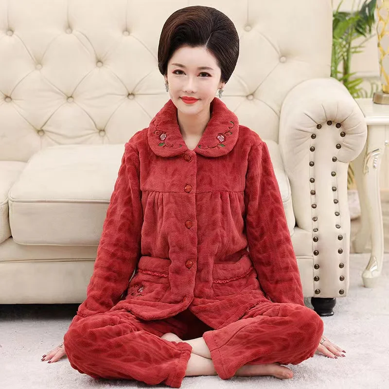 New Pajama Sets Women's Winter Flannel Pyjamas Thick Warm Coral Fleece Pijamas Female Home Clothes For Mom