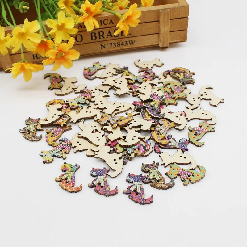 50Pcs Mixed 2 Holes Dog Wood Sewing Buttons For Kids Clothes Scrapbooking Decorative Crafts bottoni DIY Accessories