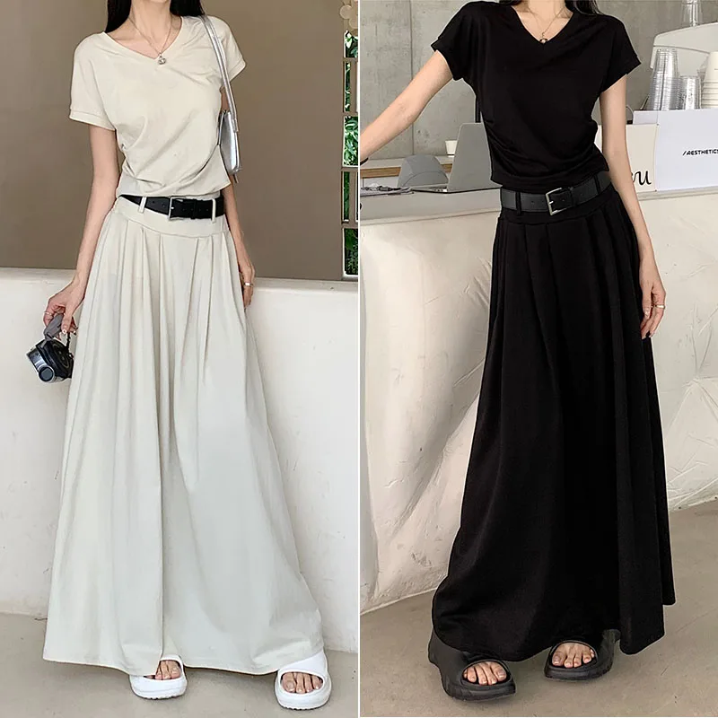 

Женский летний костюм SML из двух предметов, футболка с V-образным вырезом и длинная Плиссированная юбка, комплект одежды в Корейском стиле из 2 предметов с поясом, L5108, 2023