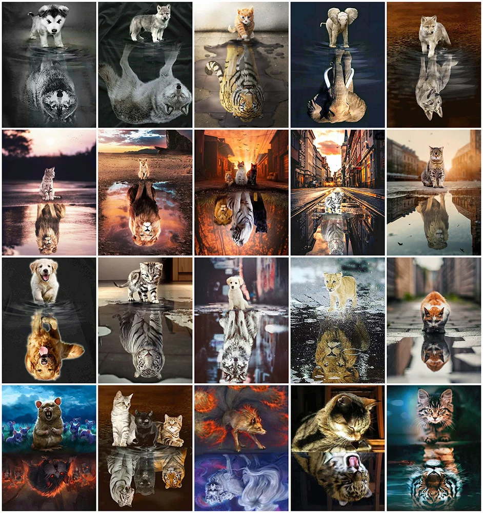 

MomoArt Cat Diamond Mosaic Dog Painting Lion Tiger Embroidery Reflection DIY Cross Stitch Animal Picture Rhinestone Wall Decor