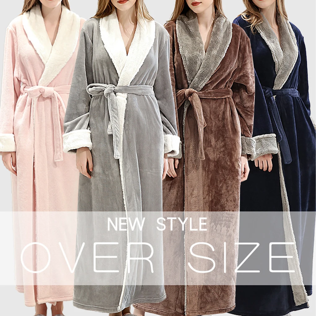 Thick Flannel Long Robe Full Length Bathrobe Long Sleeve Casual Warm Nightgown Sleepwear Breathable Housecoat Clothing