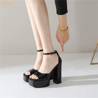 women square heel platform sandals open toe patent leather sandals shallow ankle strap hollow shoes summer fashion large size 43
