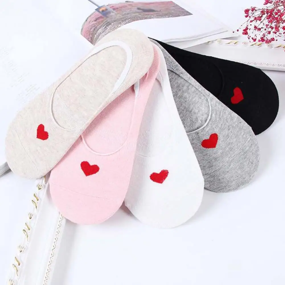 

1 Pair Women Socks Love Heart Cotton Invisible Shallow Mouth Boat Socks Silica Gel Non-slip Socks Soft All-Match Female Sock
