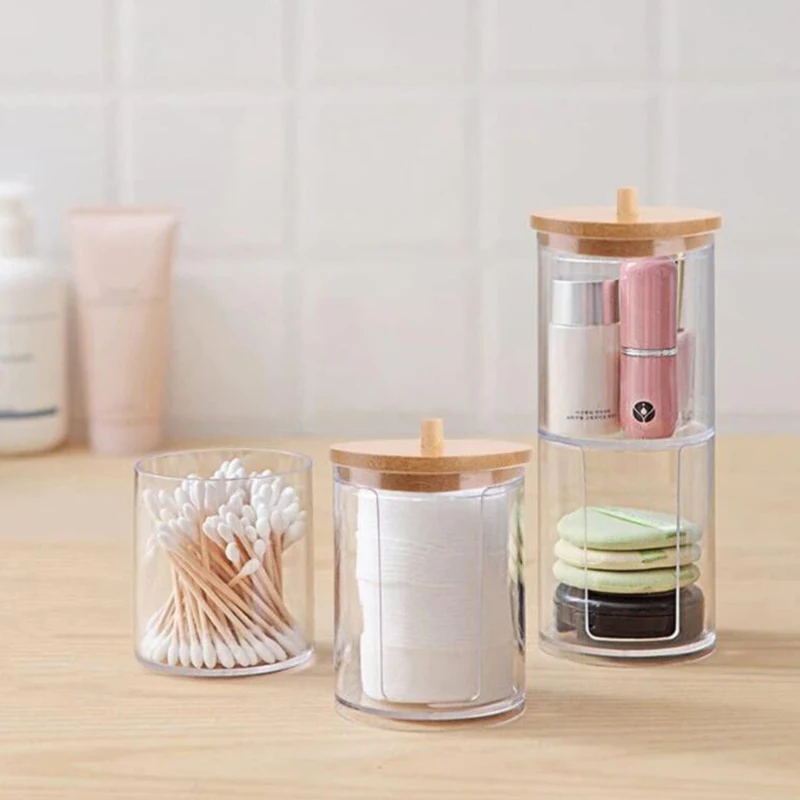 

Round Storage Dispenser Box Cotton With Box Acrylic Pad Makeup Lid Organizer Holder Cotton Bathroom Swab Bamboo Holder Jar Qtip