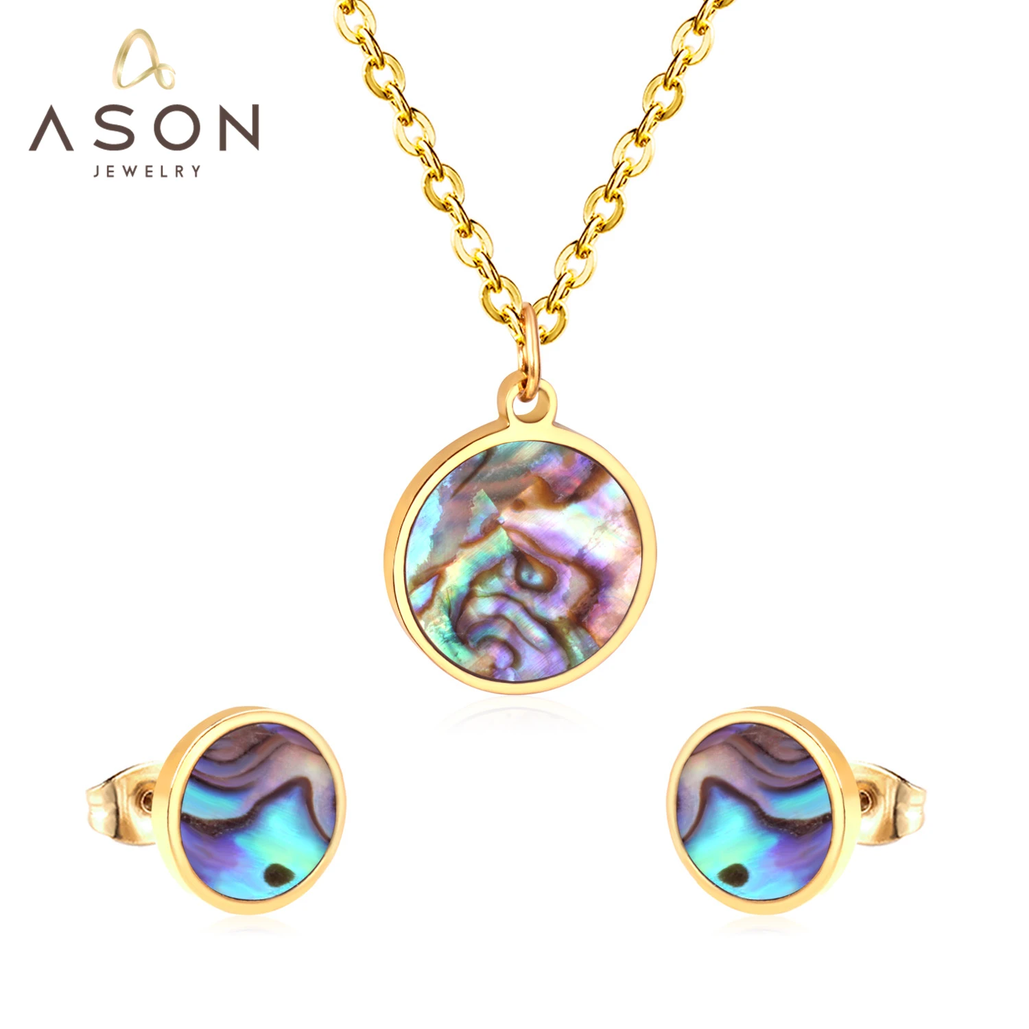 

ASONSTEEL Round Wedding Shell Carbon Fiber Jewelry Sets Pendant Necklace & Small Stud Earrings 316L Stainless Steel for Women