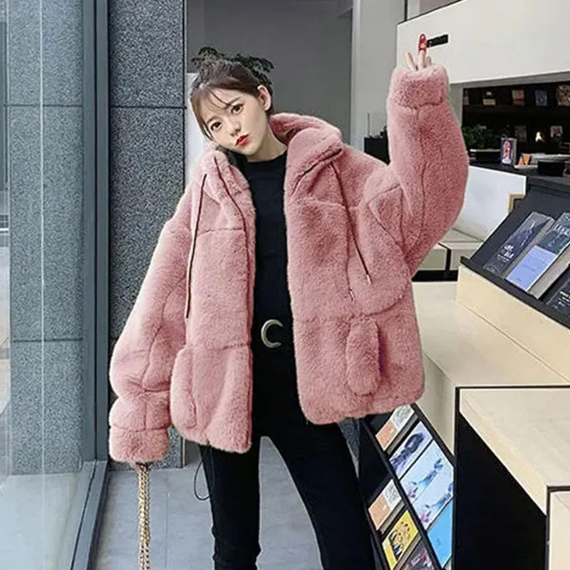 Women's Fur Jacket Famale Loose Faux Rabbit Fur Zip Hooded Thicken 2021 Winter Short Fur Coat Excellent Texture Thick Fur khaki