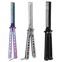 foldable comb stainless steel practice training butterfly knife comb beard moustache brushe salon hairdressing styling tool