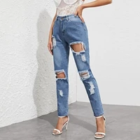 vintage loose hole denim trouser female casual high waist solid straight jeans 2022 women fashion sexy ripped blue cowgirl pants