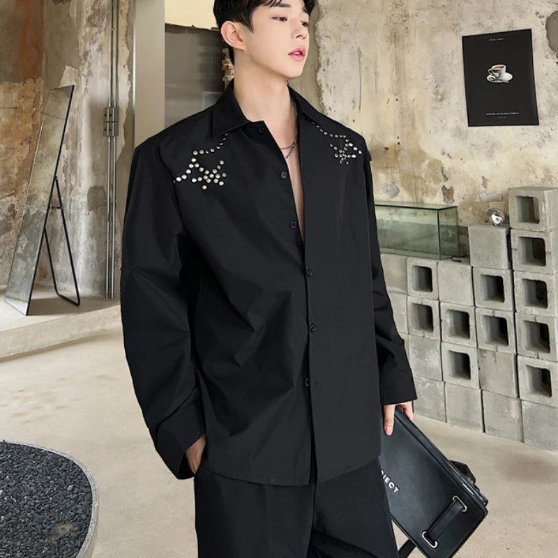 

2023 летняя Модная рубашка с кубинским воротником и заклепками для мужчин, Свободная Повседневная рубашка с длинным рукавом, уличная одежда в...