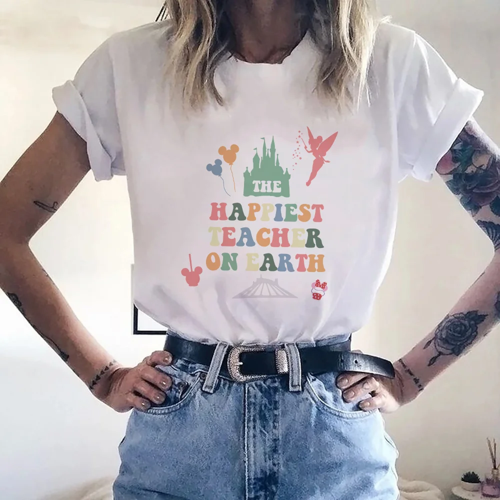 

White Ladies T-Shirt Disney Mickey And Minnie Balloon Castle Cartoon Cute Character Print Outdoor Round Neck Short Sleeve Style