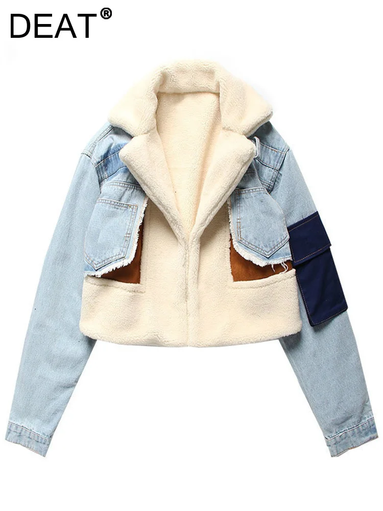 DEAT Leisure Full Sleeve Wool Liner Wde Waisted Turn Down Collar Women Slim Patchwork Woolen Coat 2022 Autumn Autumn New TD659