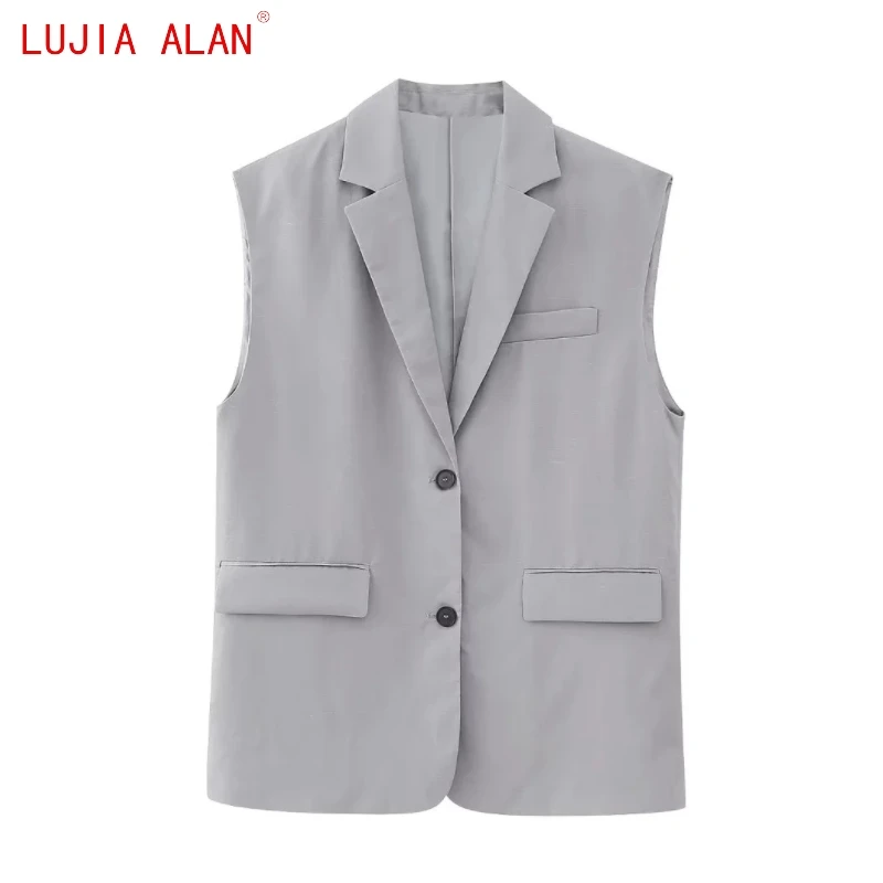 

Autumn New Women's V-neck Single Breasted Linen Blend Casual Vest Coat Female Clothing Loose Tops LUJIA ALAN C1885