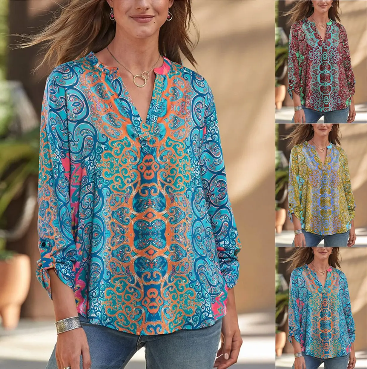 

Women's Fashion Blouses Casual Loose Pullover Printed Long Sleeved V-neck Shirts Female Autumn Spring Tops Street Wear Clothing