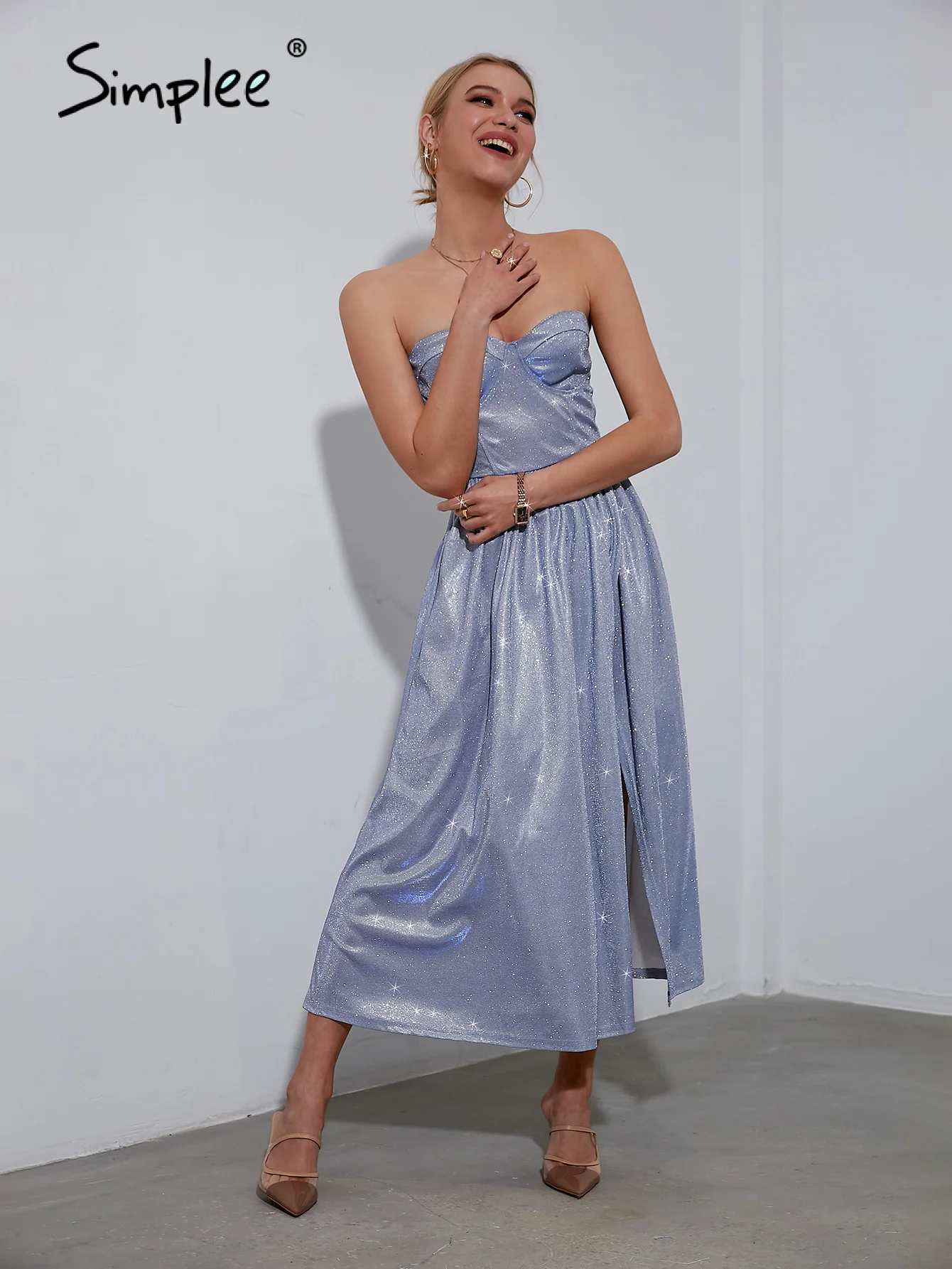 Simplee Strap corset sequin party dress elegant evening long Women pleated split blue vestidos Summer tube frills dresses | Женская