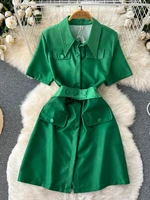 foamlina 2022 summer women green dress elegant french retro turn down collar short sleeve buttons a line work ol dress with belt