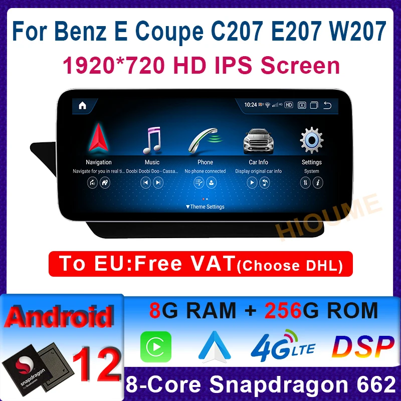 

10.25"/12.5" Android 12 Snapdragon 8Core 8+256G Car Multimedia Player GPS Radio Stereo for Mercedes Benz E Coupe C207 E207 W207