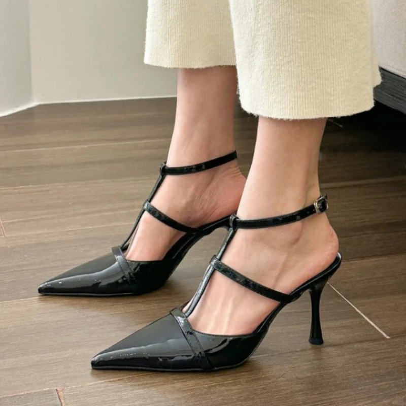 

Solid Pointed Toe Slingbacks Patent Leather High Heels Buckle Strap Stiletto Pumps Metal Decor Women Shoes Sexy Shallow