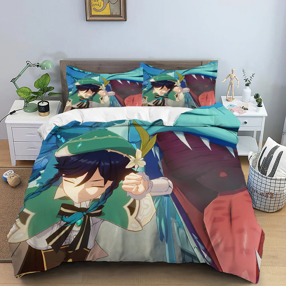 

Genshin Impact Cartoon Duvet Cover and Pillowcase Single Bedding Set Wendi Amber Mondstadt