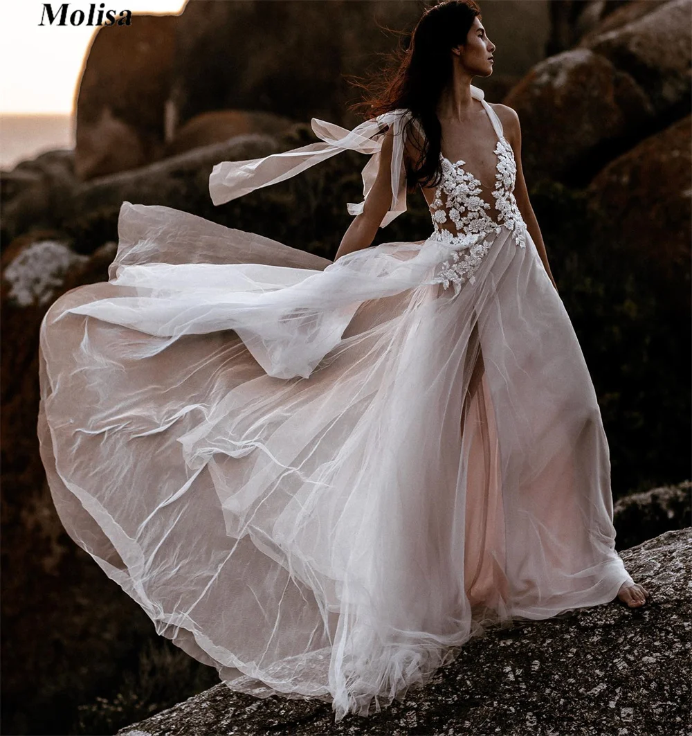 

Spaghetti Straps Boho Wedding Dress Appliques Split Princess Bride Dresses for Women 2022 Free Shipping Country Bridal Gown