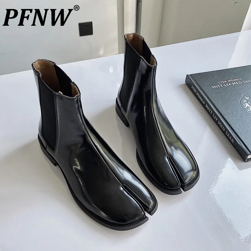 

PFNW Men's Niche Design Style Tide Fashion Thick Split Toe Shoes Autumn Winter New Darkwear Boots Bright Lacquer Leather 12A7398