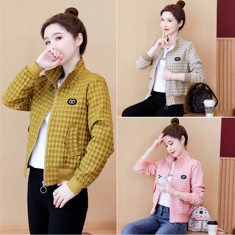 

2022 Korean Autumn Elegant Bomber Jacket Plaid Coat Women Turndown Collar Short Baseball Outwear Female Casual Zipper Jackets