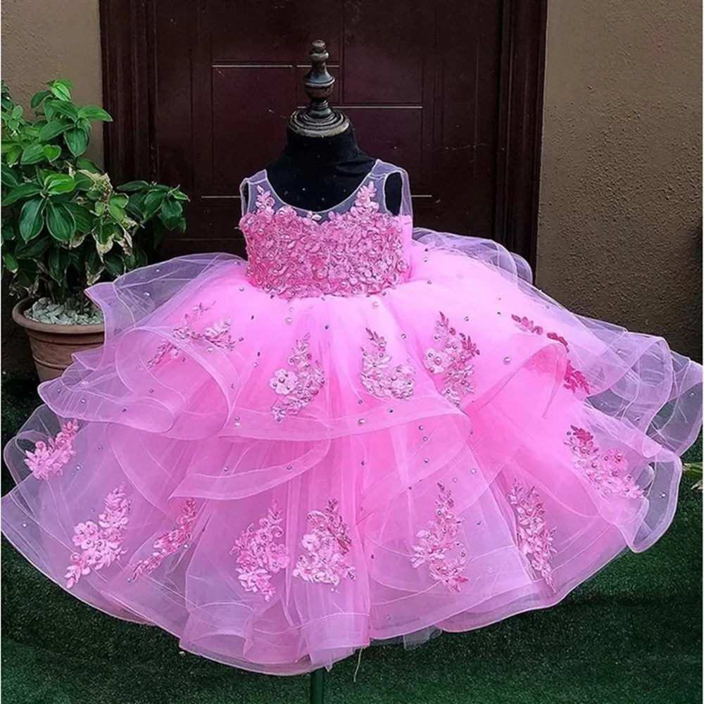 

Pink Lace Flower Girl Dresses Sheer Neck Crystals Little Girl Wedding Dresses Cheap Communion Pageant Dresses