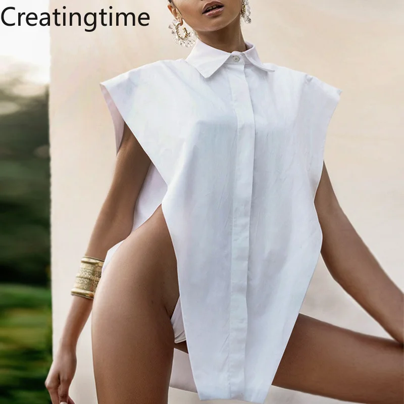 

Creatingtime 2022 Summer New Fashion Trendy Women's Solid Color Lapel Single Breasted Loose Irregular Sexy Shirt Vest GA678