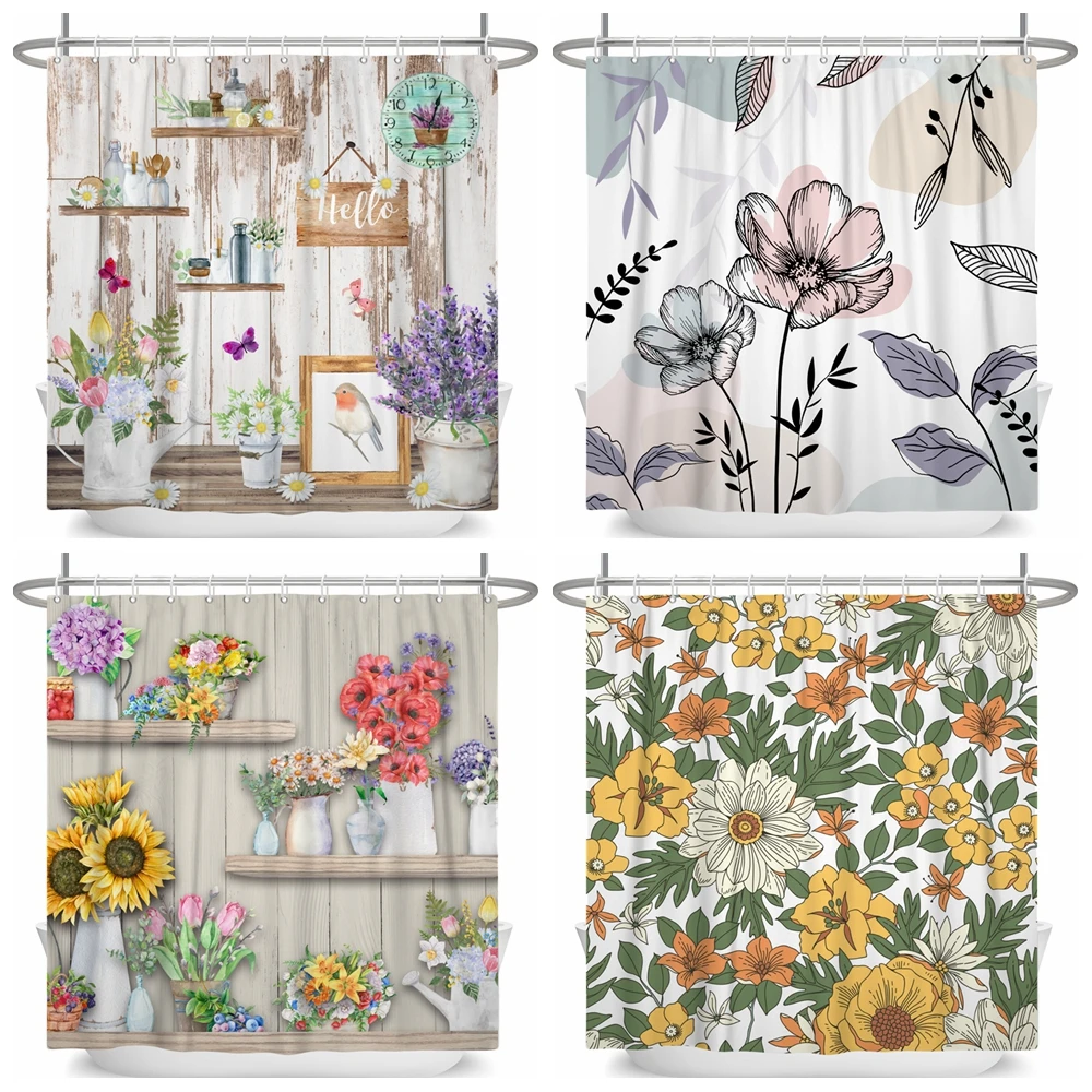 

Abstract Pattern Shower Curtain Green Leaves Plant Flower Butterfly Waterproof Fabric Bath Curtain Bathroom Decor With Hooks