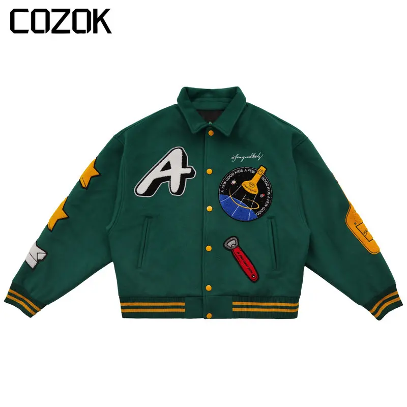 

Streetwear Varsity Jacket Men Green Rocket Embroidered Patch Bomber Jacket College Harajuku 2023 Loose Baseball Coat Couple