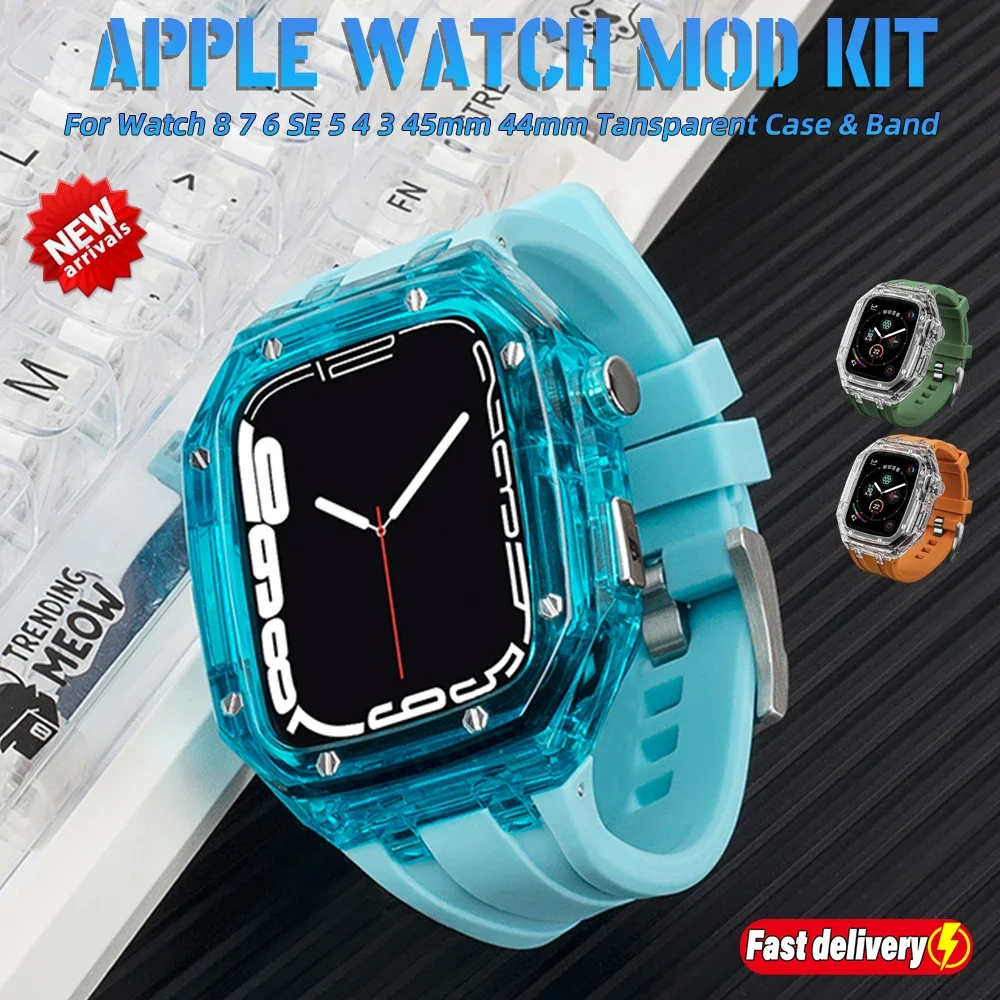 

Glacier Case Modification Kit for Apple Watch 8 7 6 5 4 SE Rubber Sport Strap For Iwatch 44mm 45mm Transparent Refit Mod Band