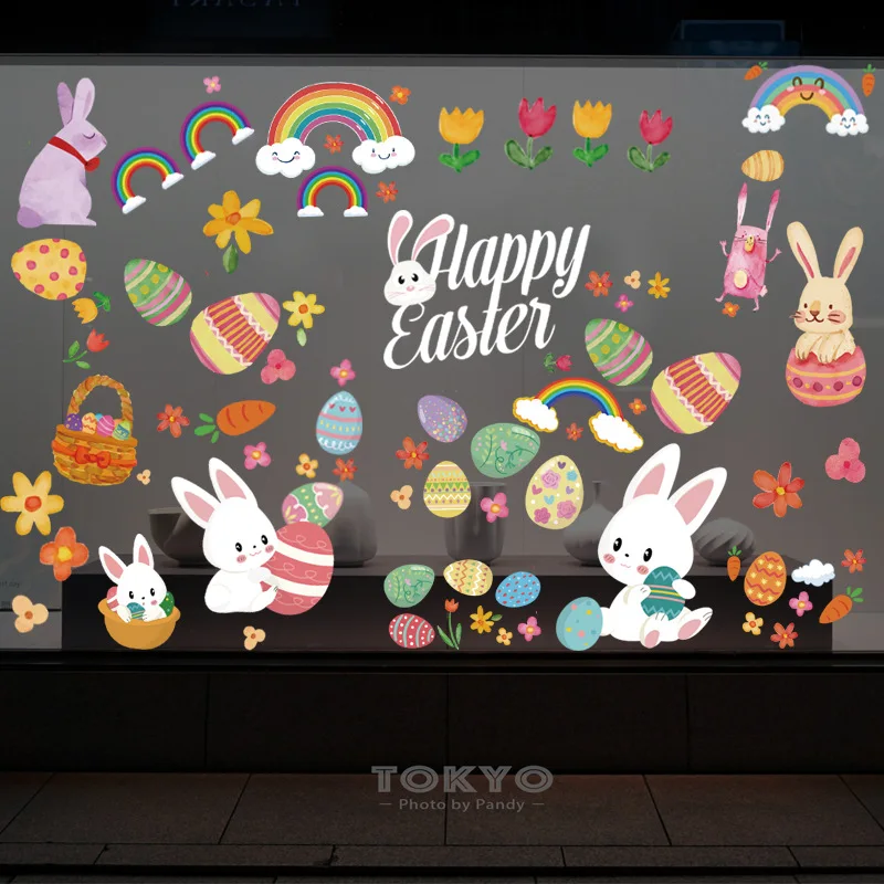 

9 Easter Window Stickers Happy Cartoon Bunny Egg Wall Stickers DIY Decals Happy Easter Party Decorations 2022