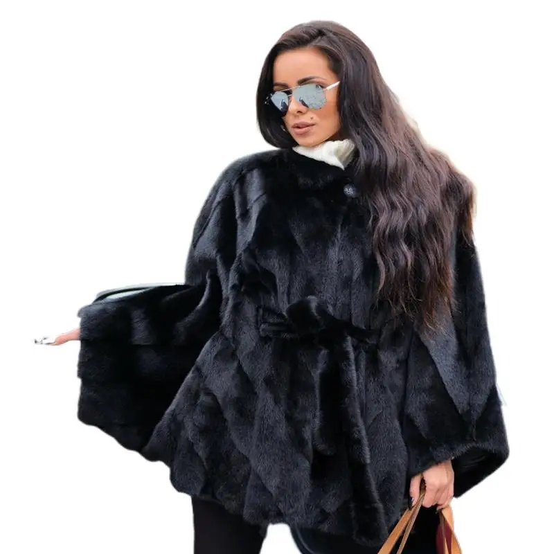 Luxury Real Mink Fur Coat Stand Collar Bat Sleeve Natural Fur Coat For Women Winter Outwear With Real Fur Genuine Outer Clothing