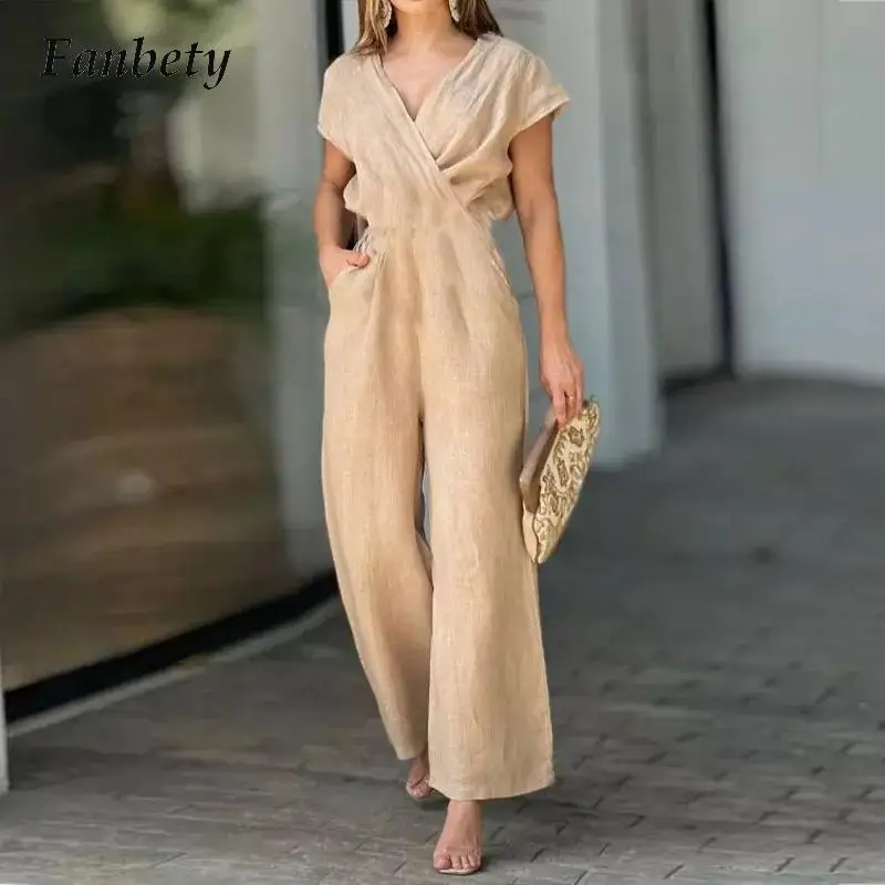 

Summer V Neck High Waist Wide Leg Pants Jumpsuit Casual Short Sleeve Waisted Loose Romper Elegant Ladies Solid Pocket Jumpsuits
